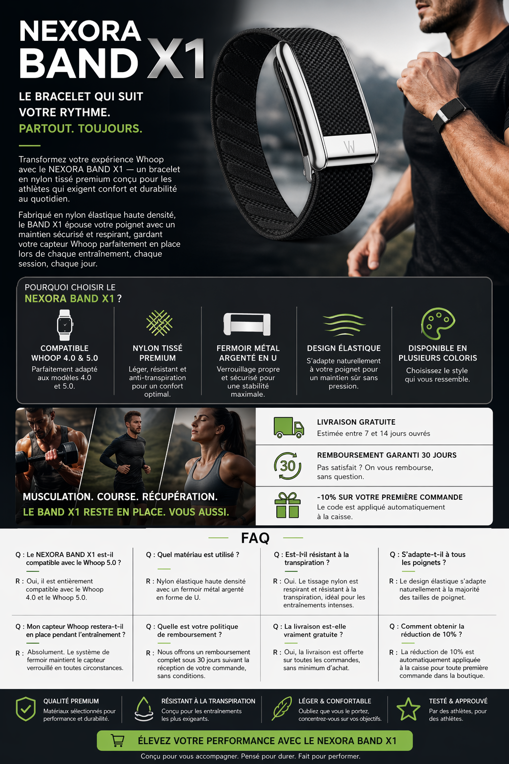 NEXORA BAND X1 – Bracelet Sport Nylon pour Whoop 4.0 & 5.0